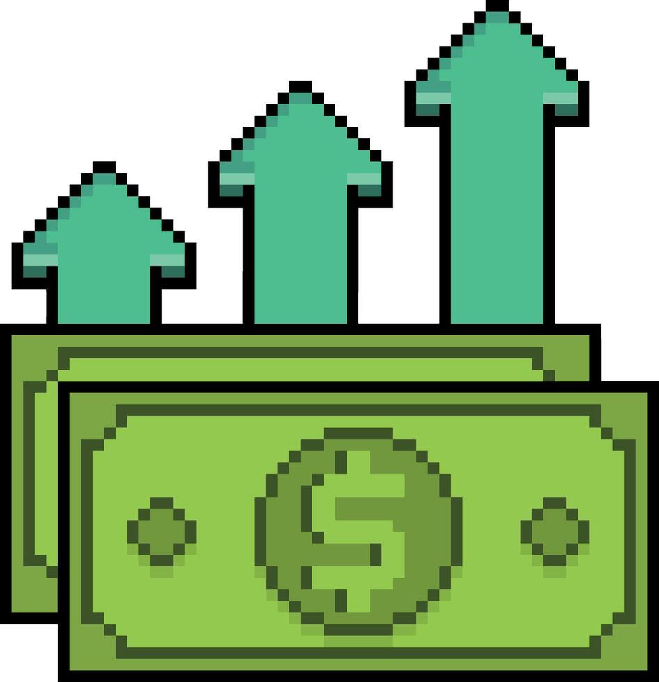 Pixel art of money bills with upward arrows in 8 bit style on white background vector