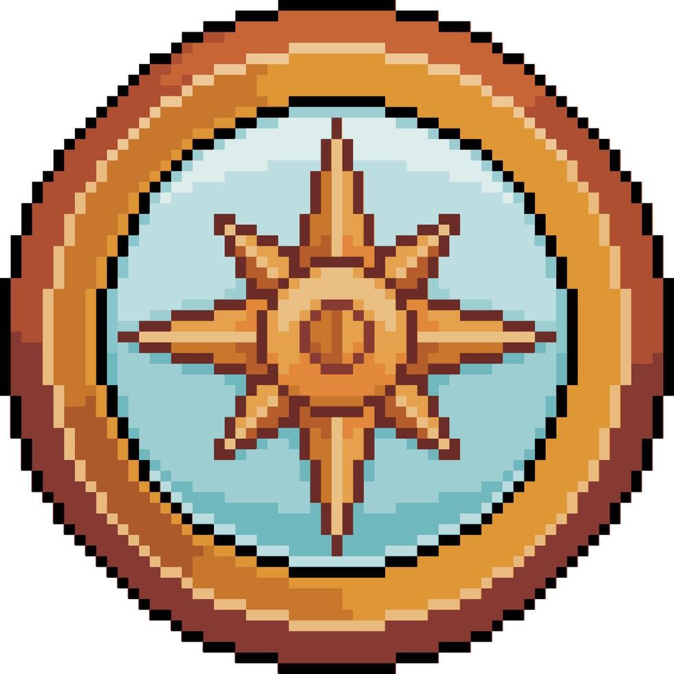 Pixel art of golden compass with compass rose in 8 bit style on white background vector