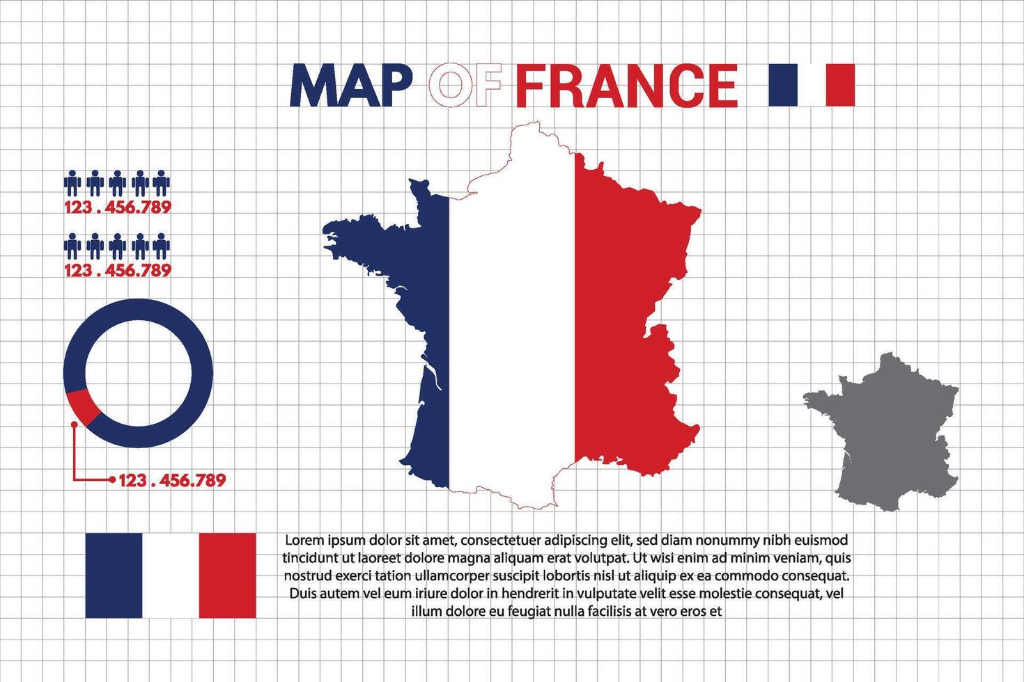 Infographic Map of France Country include of flag people icon statistic and pie chart design flat style isolated ready to use free editable. vector