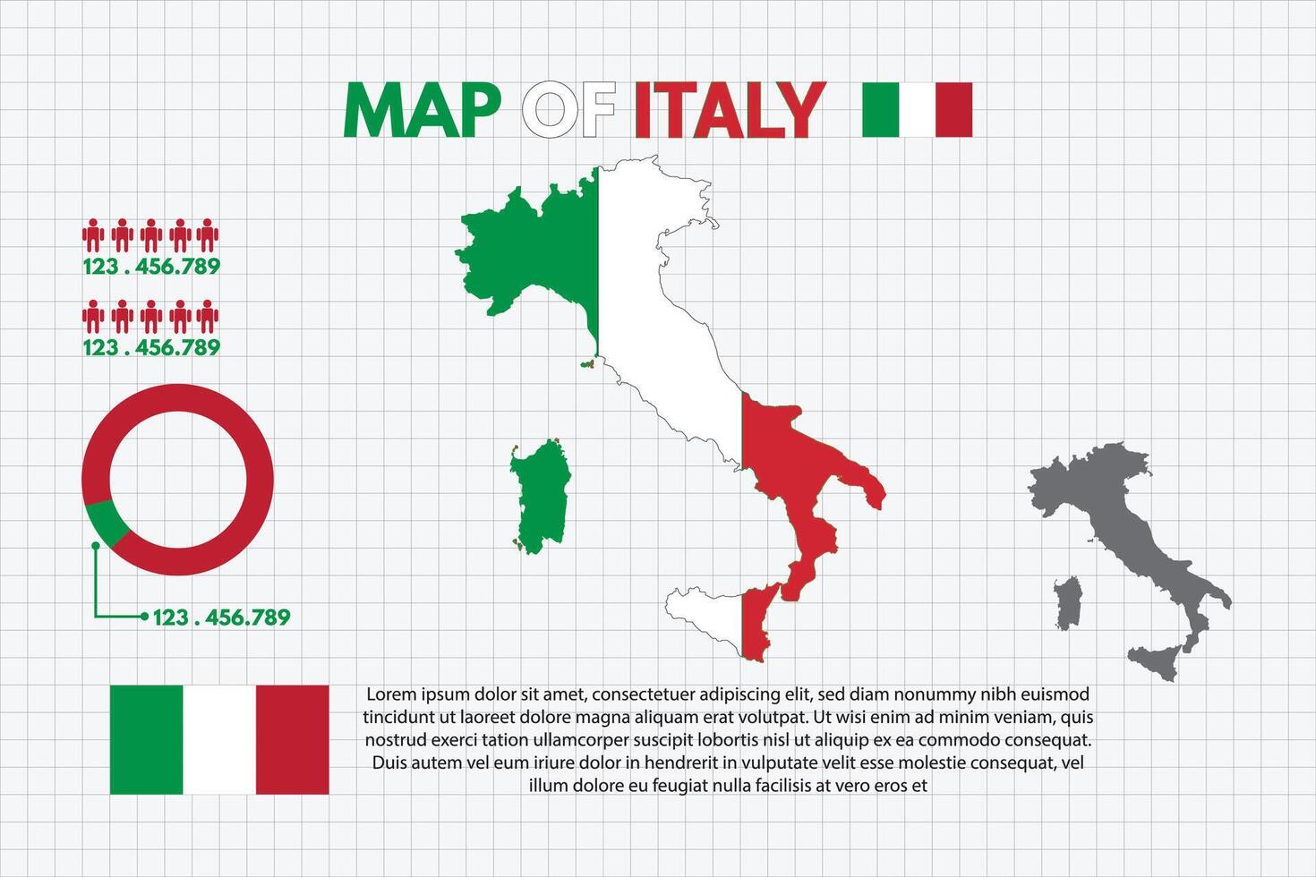 Infographic Map of Italy Country include of flag people icon statistic and pie chart design flat style isolated ready to use free editable. vector