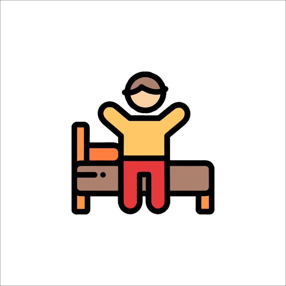 A man is sitting on a bed with his arms up vector