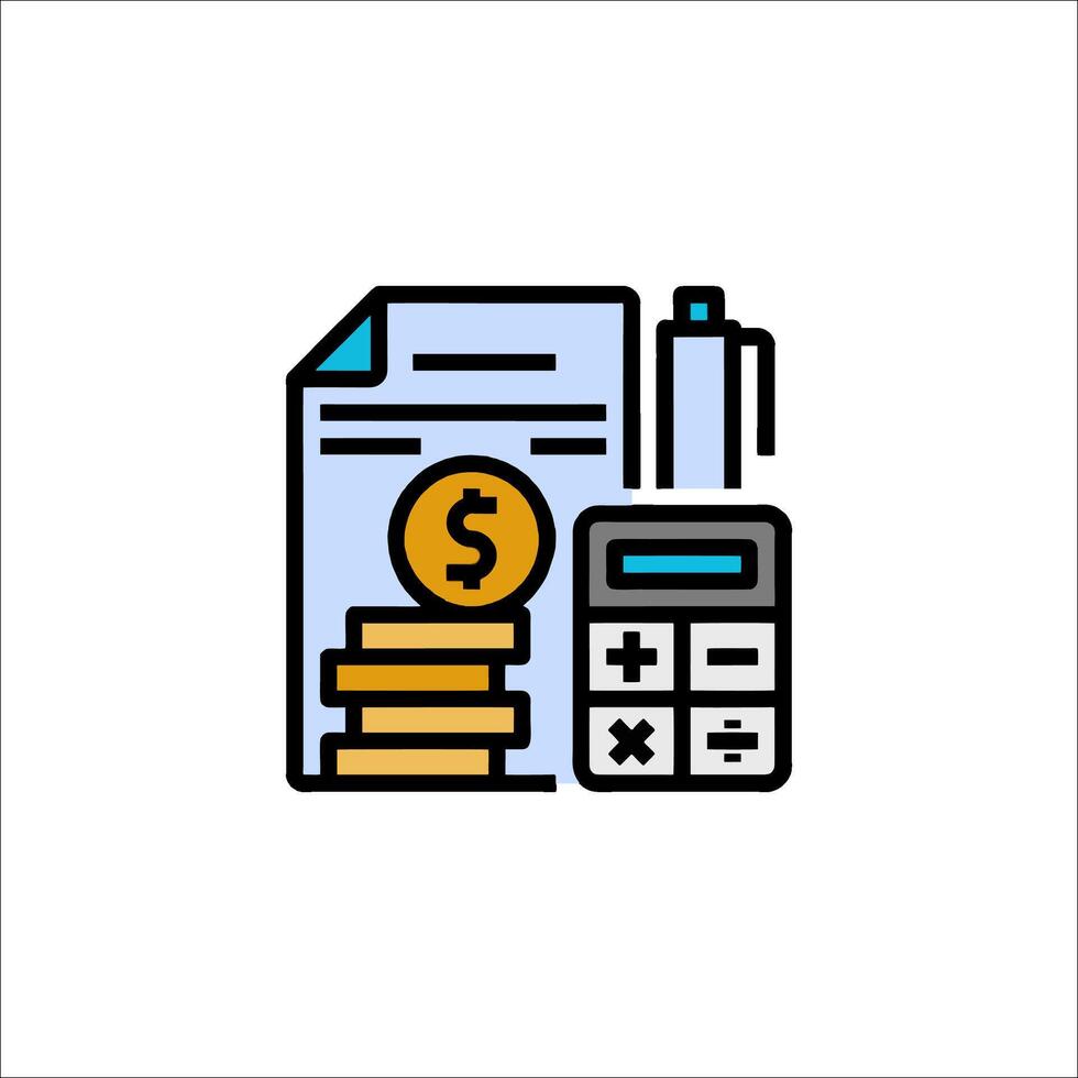 A calculator and a stack of money are shown in a line vector