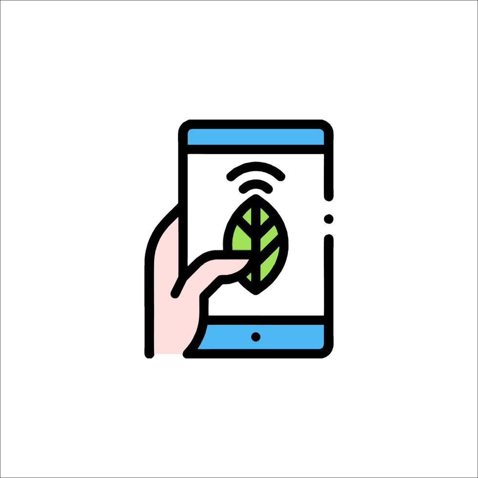A hand holding a smartphone with a leaf on it vector