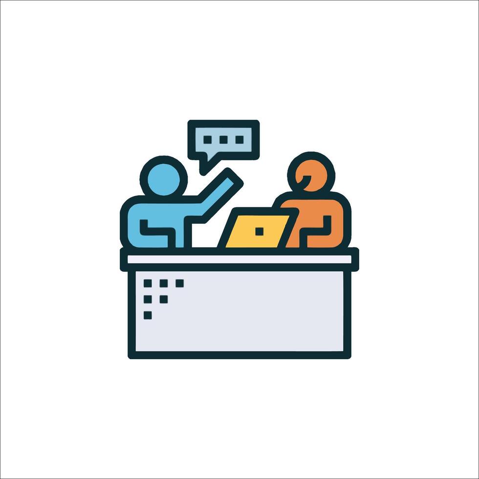 People at a desk with a laptop and a speech bubble vector