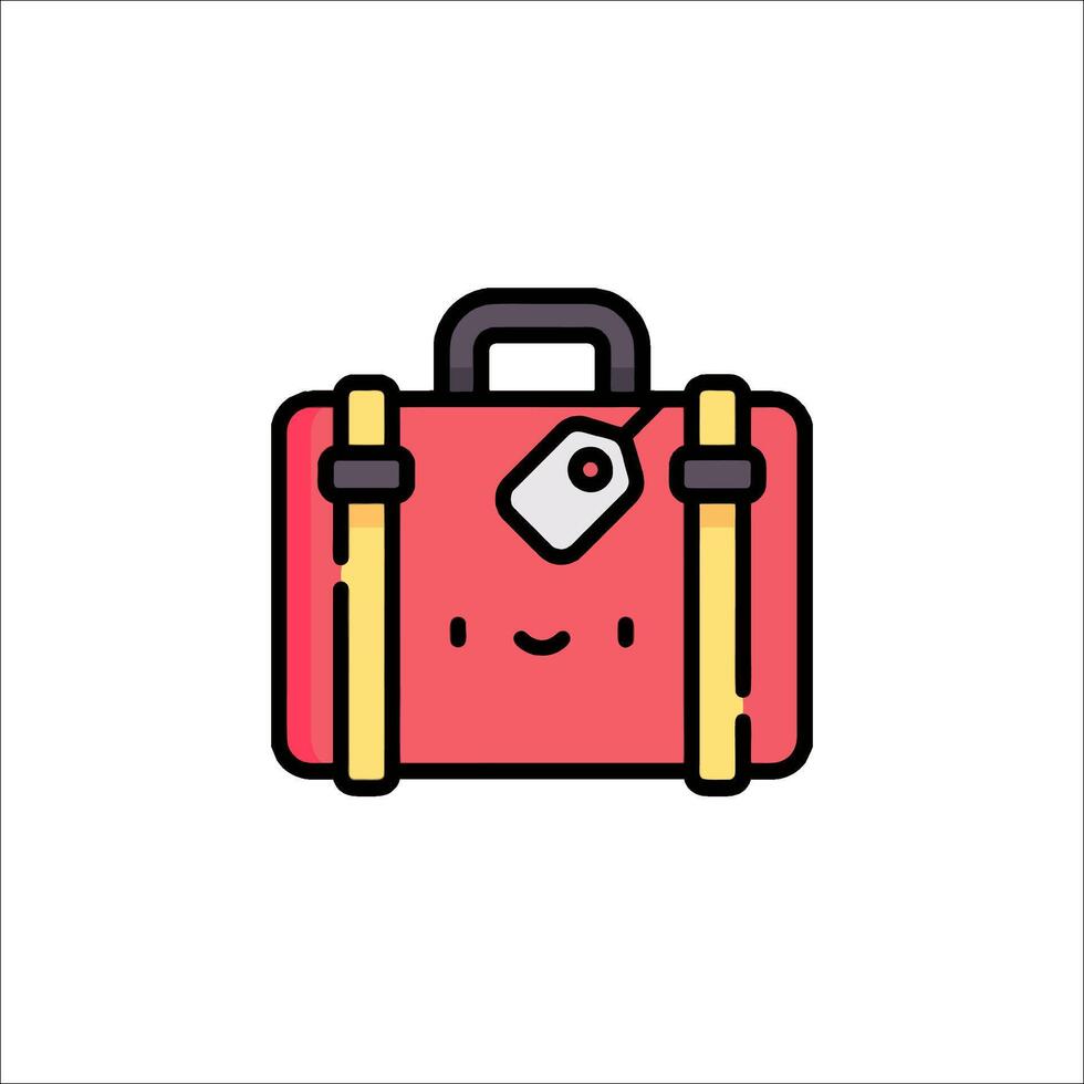 A suitcase with a tag on it is shown in a flat line style vector