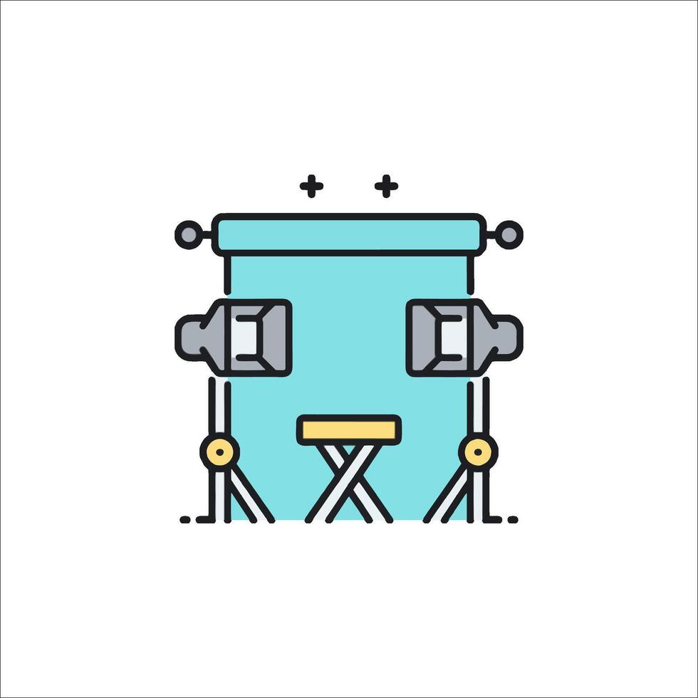 A blue and white line icon of a camera vector