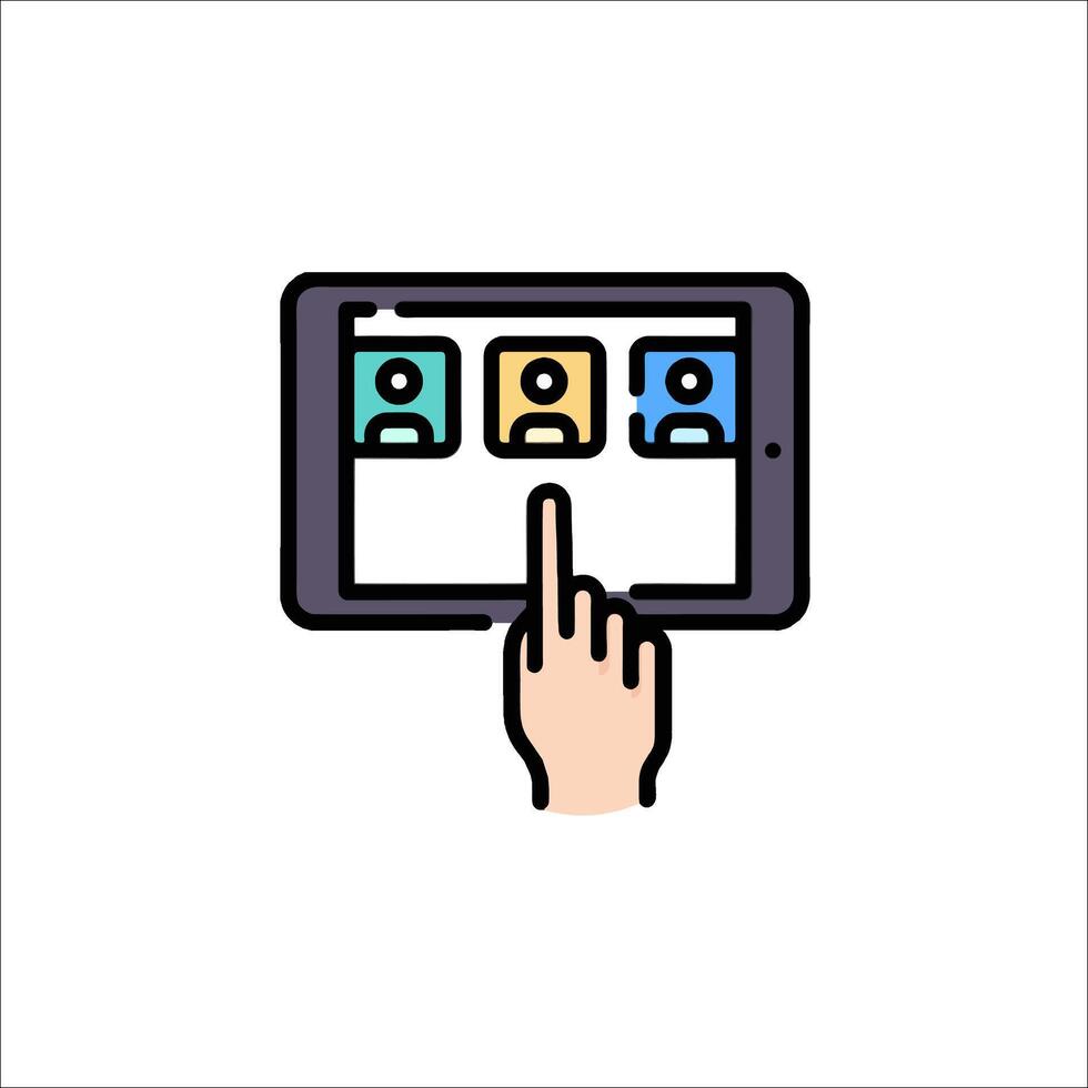 A hand pointing at a tablet with people on it vector