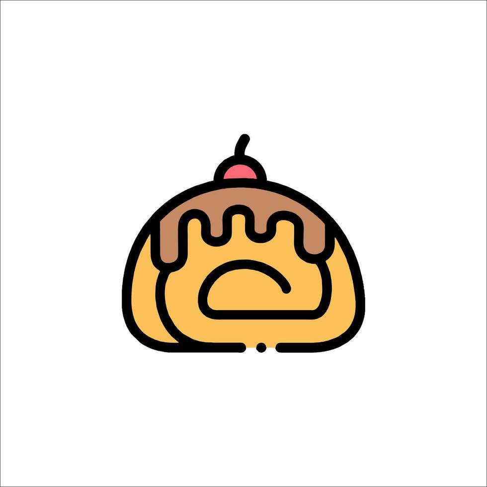 A pastry with a cherry on top is shown in a line drawing vector