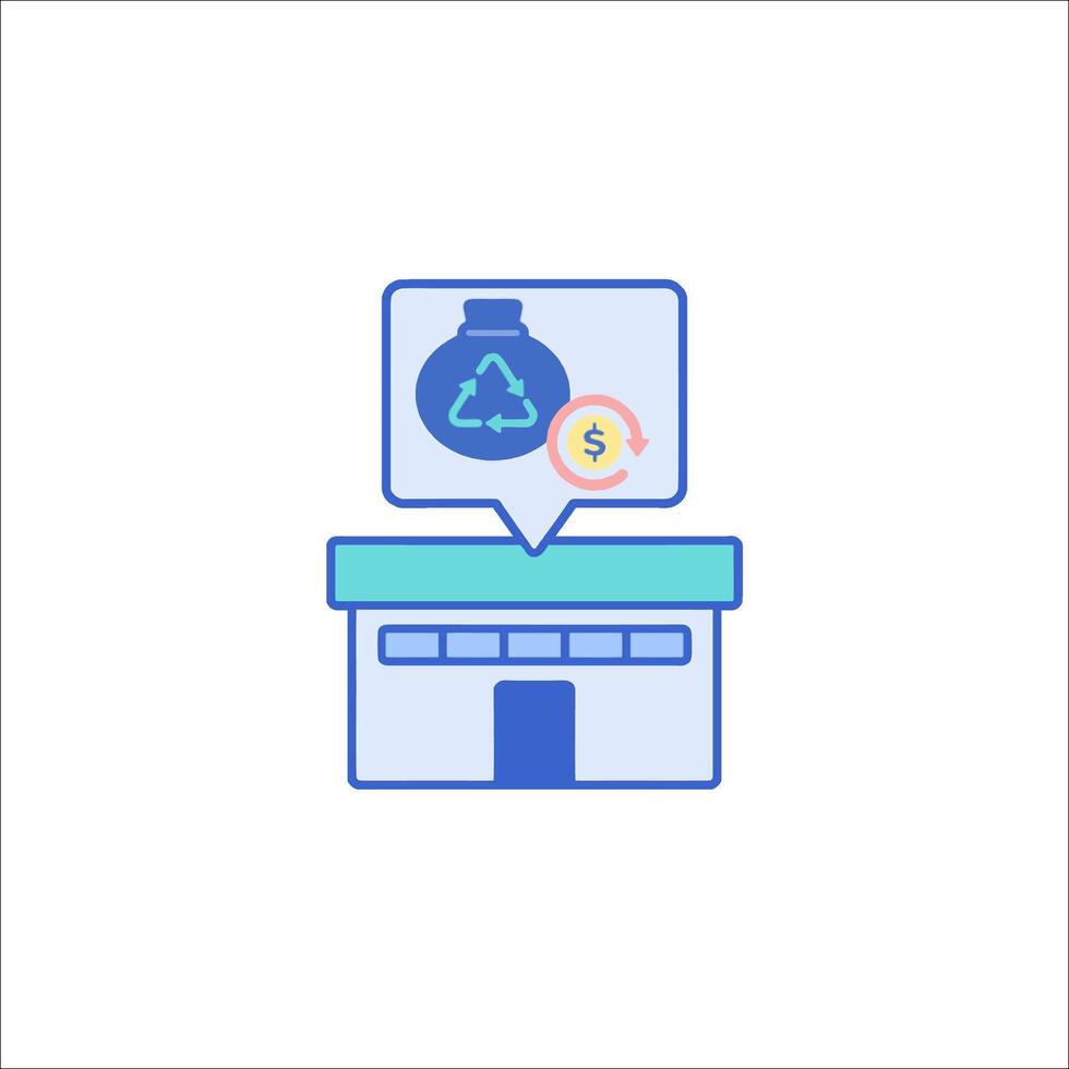 A blue and white icon of a building with a coin and a dollar sign vector