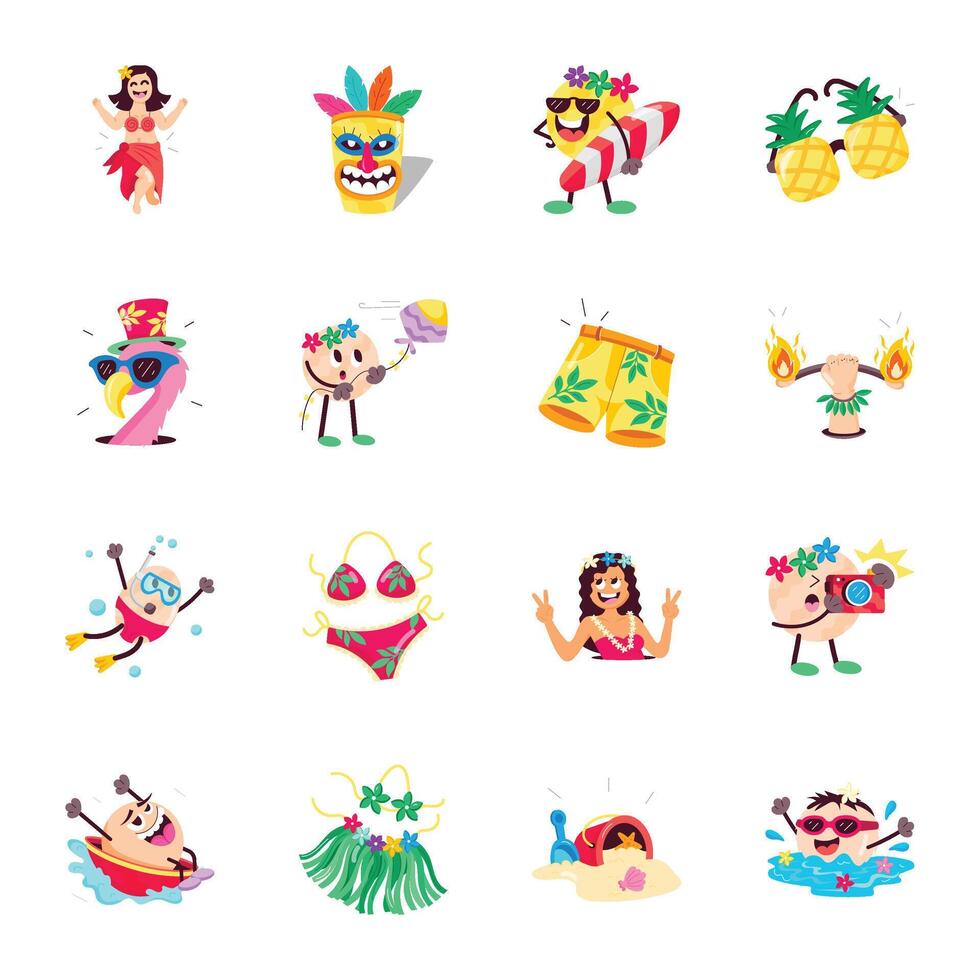 Collection of 16 Tropical Flat Stickers vector