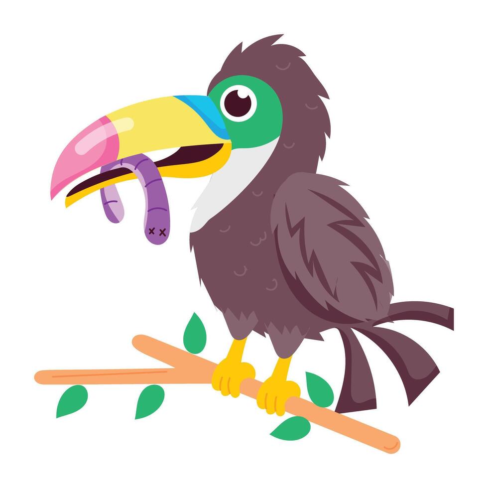 Toucan bird sitting on a tree branch, flat sticker vector