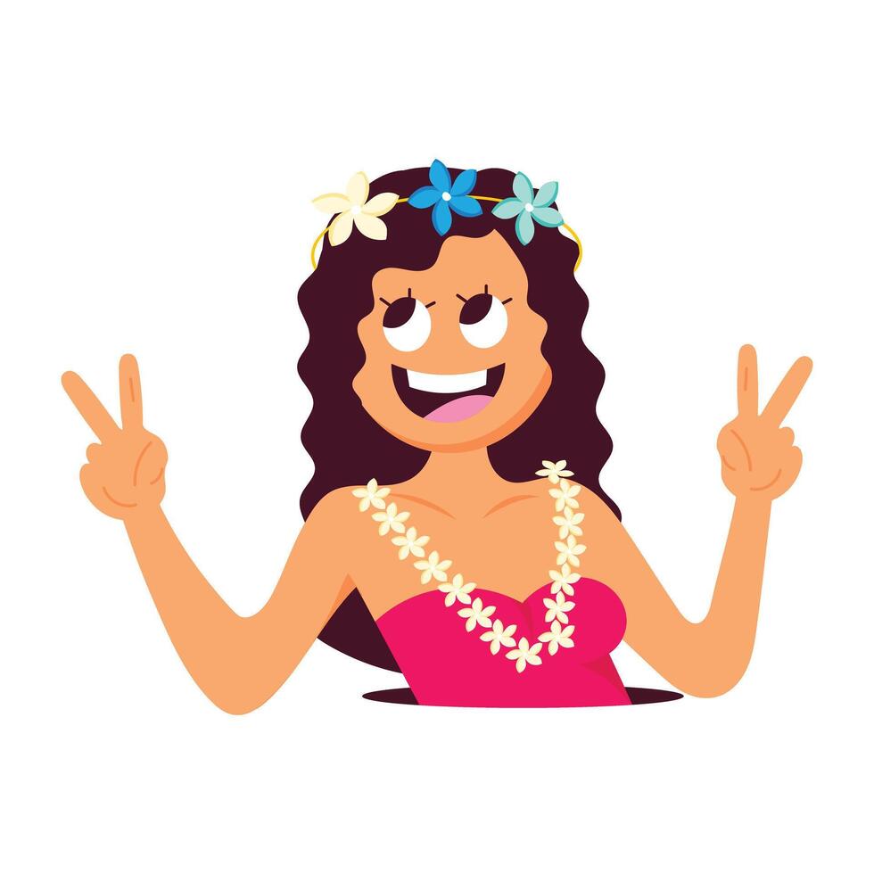 Happy hawaiian lady showing gesture, flat sticker vector