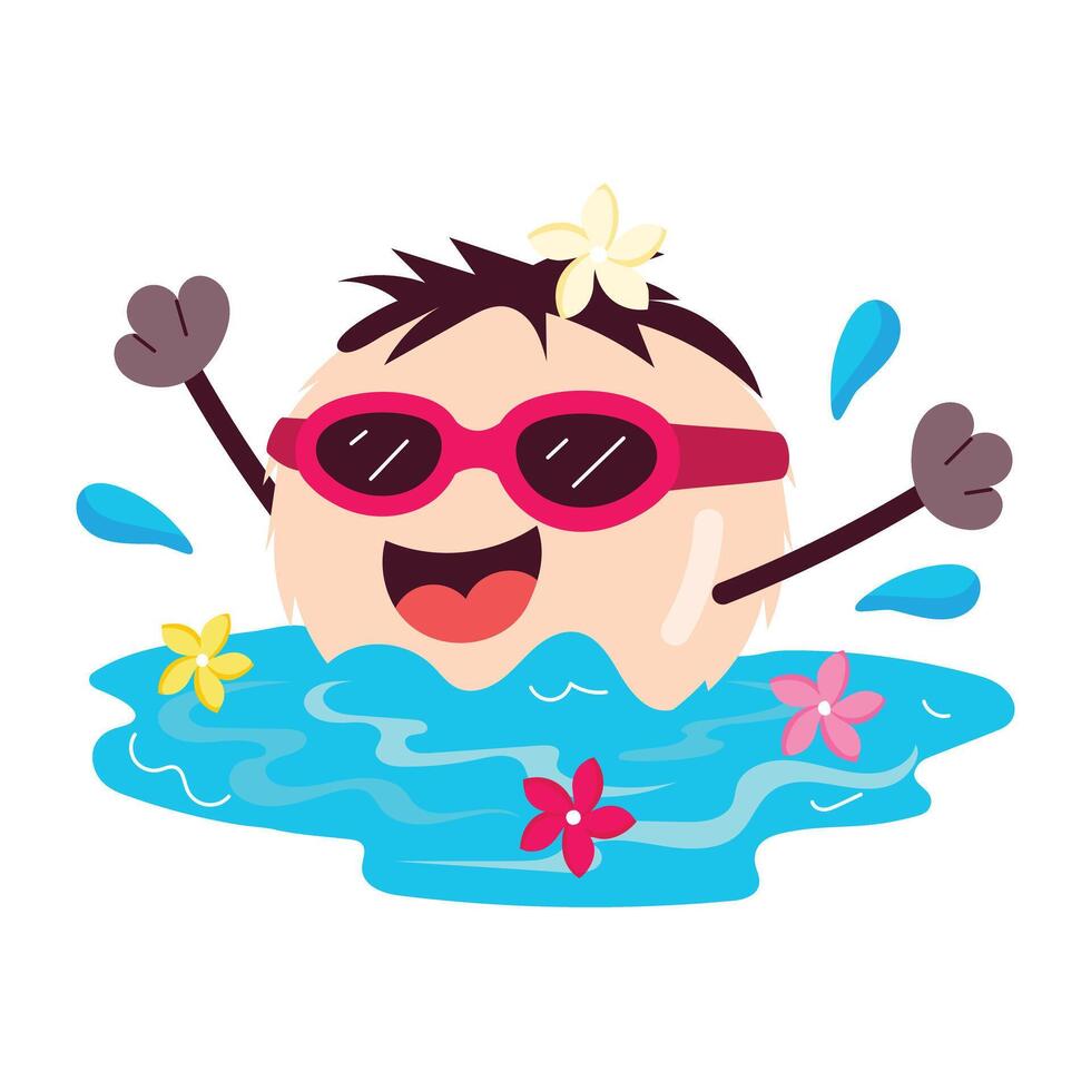 Swimming character with happy expressions, flat sticker vector