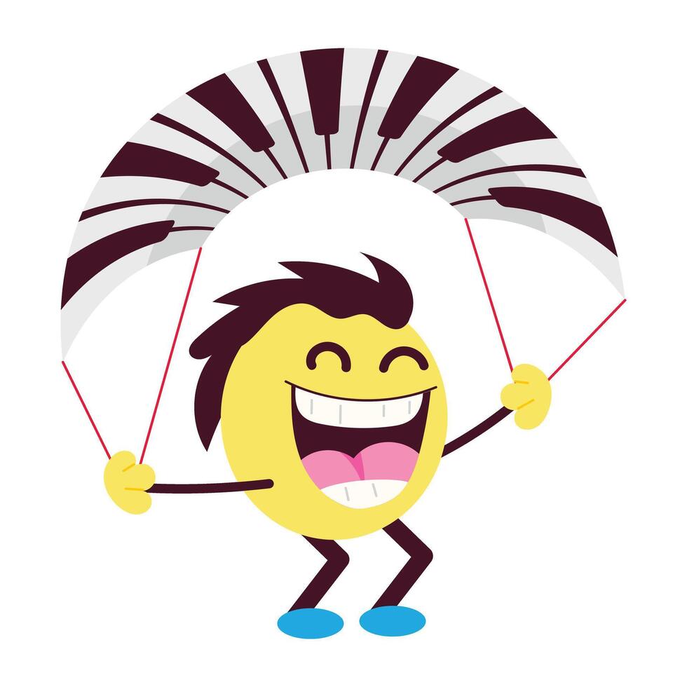 Happy mascot flying with piano, flat sticker vector
