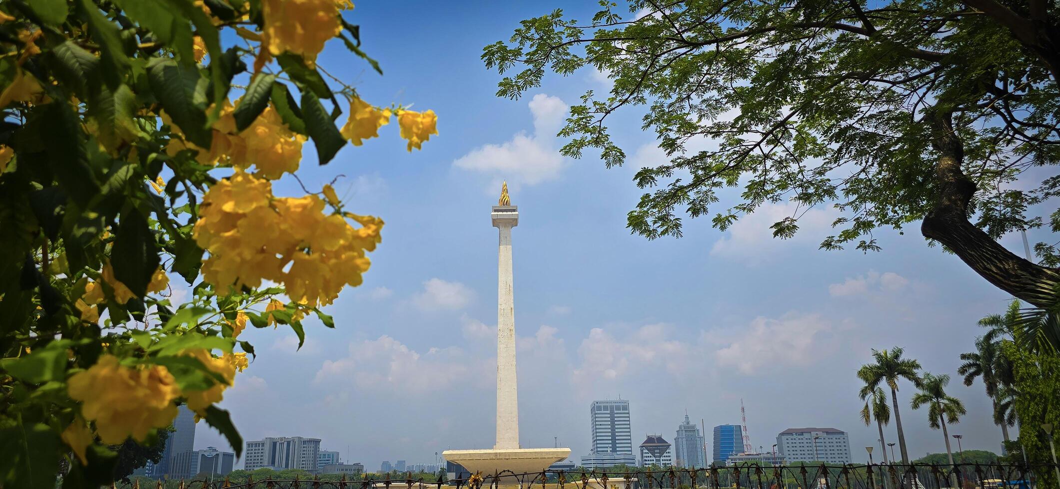 Jakarta city, Indonesia, 03 November 2024, Scenic view of the National Monument or Monas around city skyscrapers under a clear blue sky and sunny day, good for news article photo