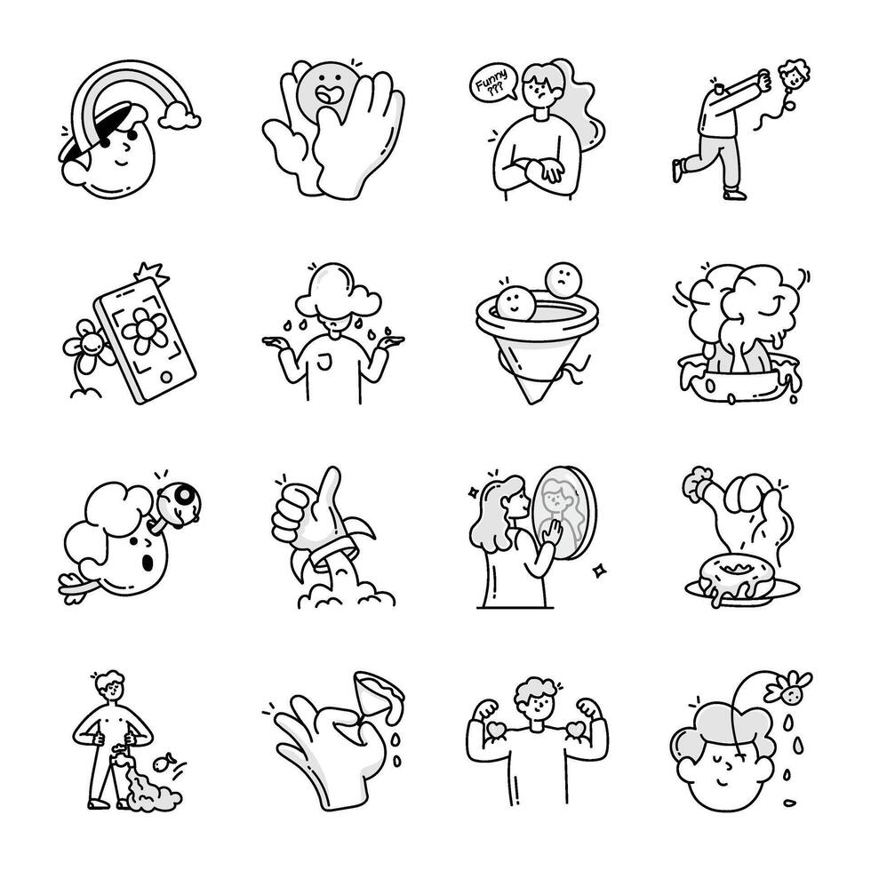 Set of Quirky Characters and Activities Doodle Style Icons vector