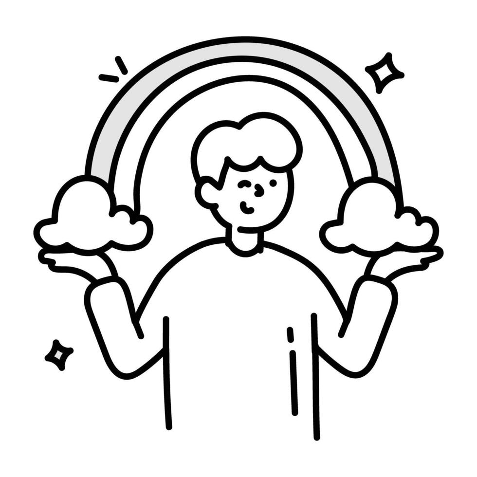 Hand drawn style icon of person enjoying rainbow vector