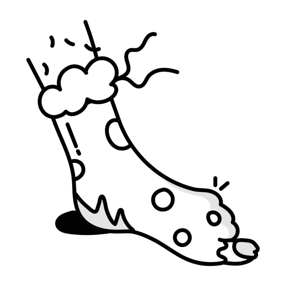 Foot with ripped sock, hand drawn icon vector