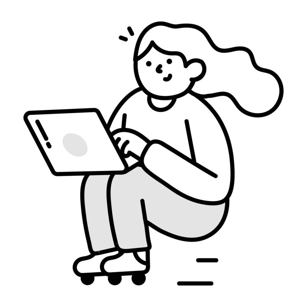Girl browsing on laptop, doodle icon vector