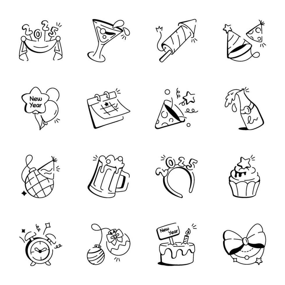 Collection of Doodle Style New Year Icons vector