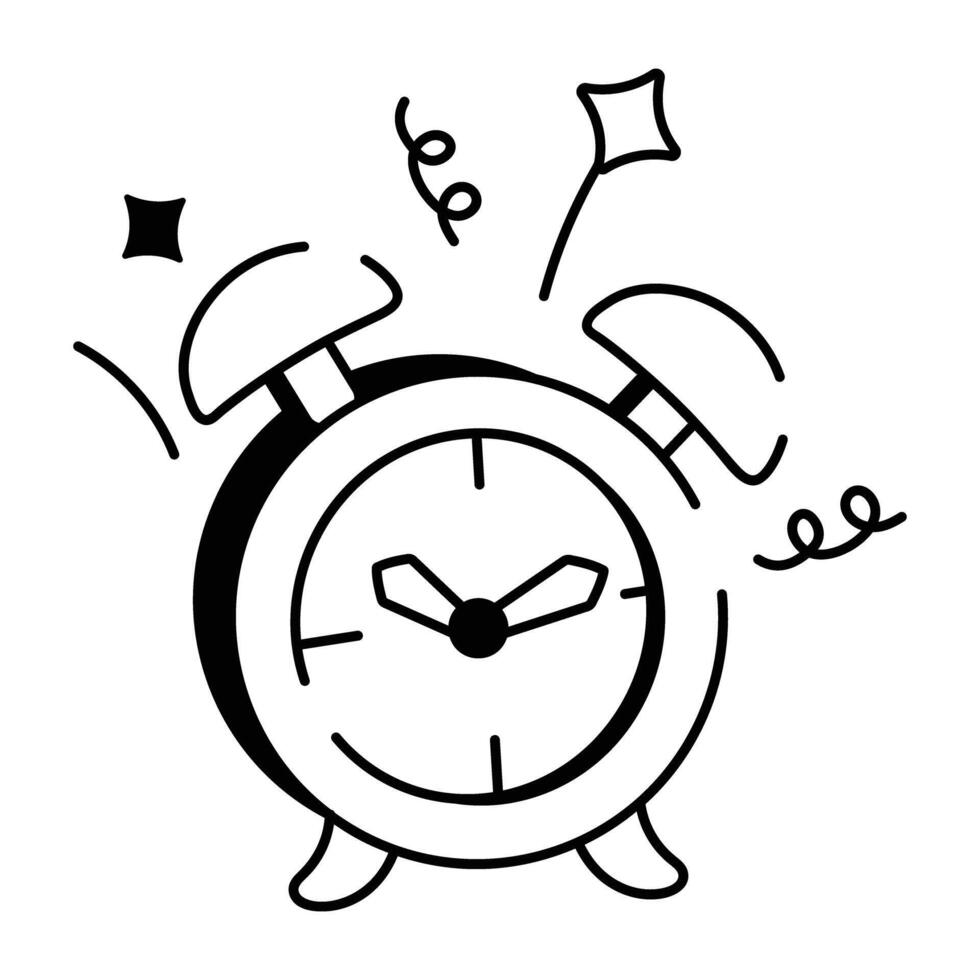 Doodle icon of an alarm clock ringing with confetti around it vector