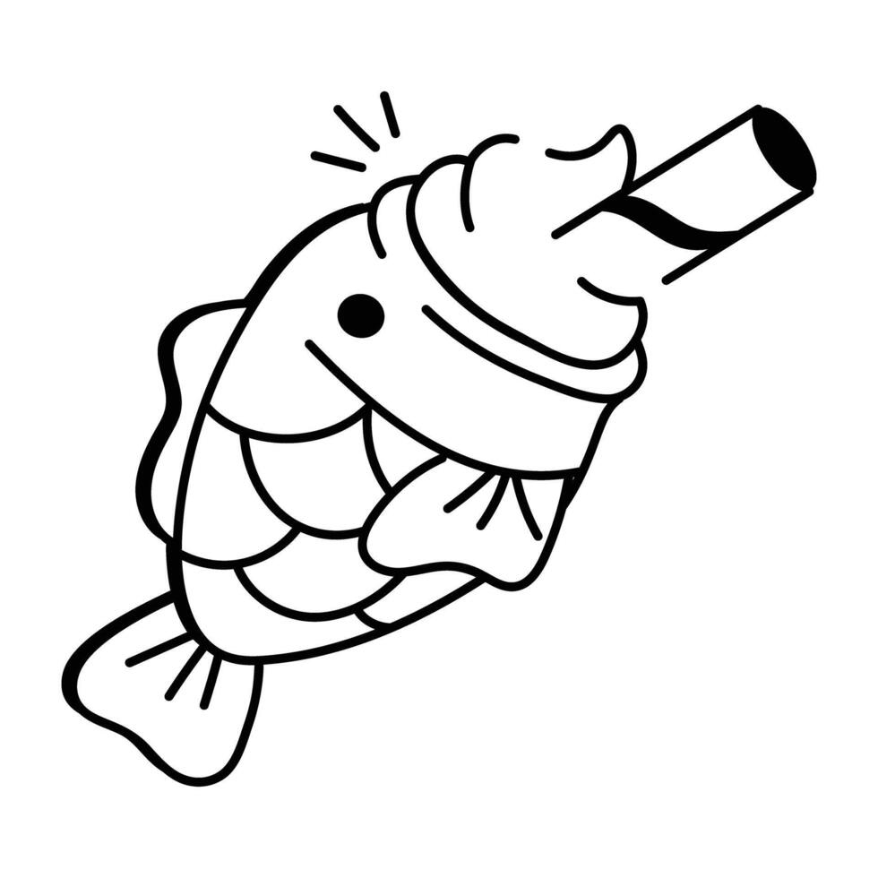 Doodle icon of a taiyaki, a japanese fish-shaped cake with a cream filling vector