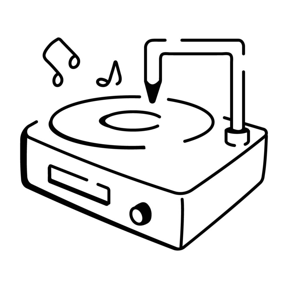 Doodle icon of a vinyl player with a record spinning and music notes vector