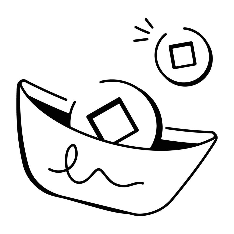 Doodle icon of a Chinese gold ingot and coin vector