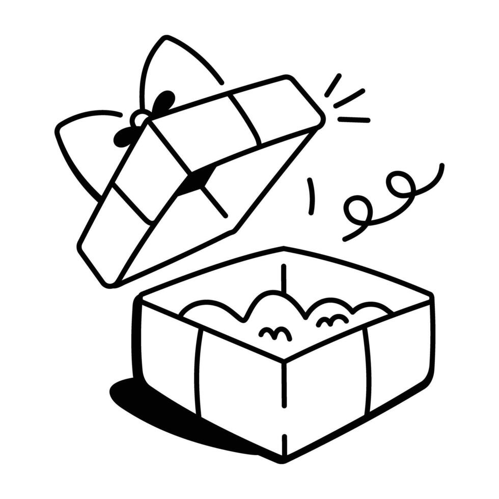 Doodle icon of an open gift box with a bow and sparkles vector
