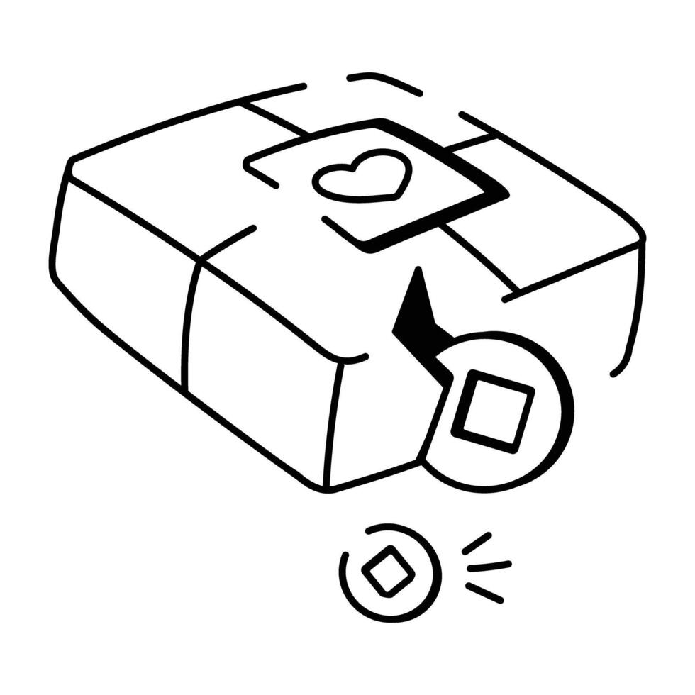 Doodle icon of a chinese gift box with a heart and coins vector