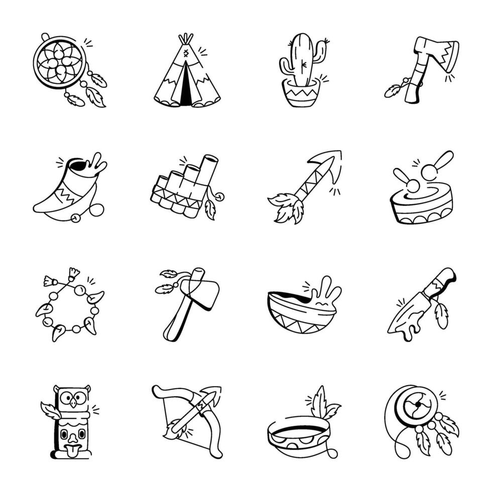 Set of 16 Boho Doodle Icons vector