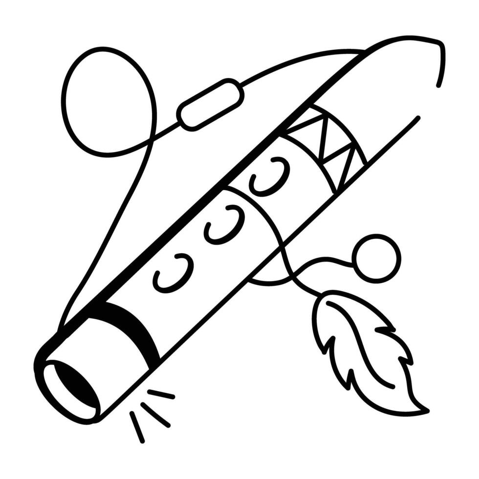 A doodle icon of a flute with feathers and beads vector