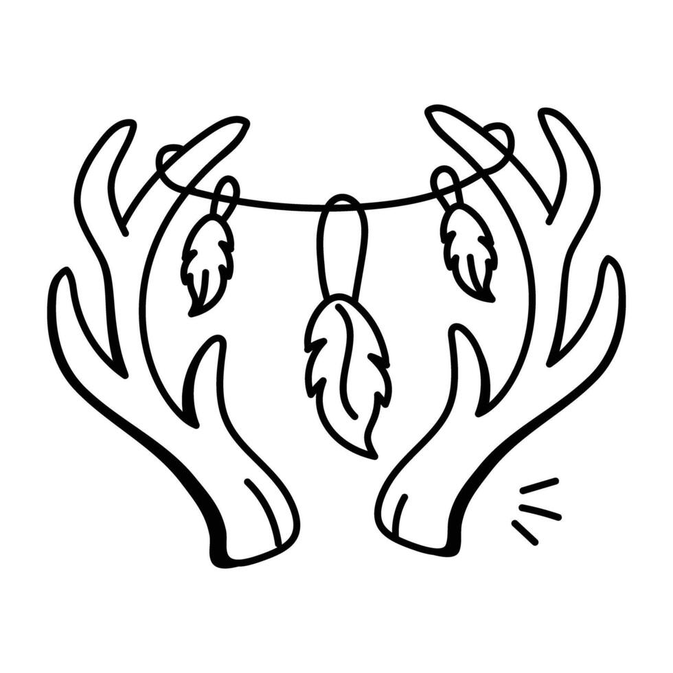 A doodle icon of deer horns adorned with feathers and beads vector