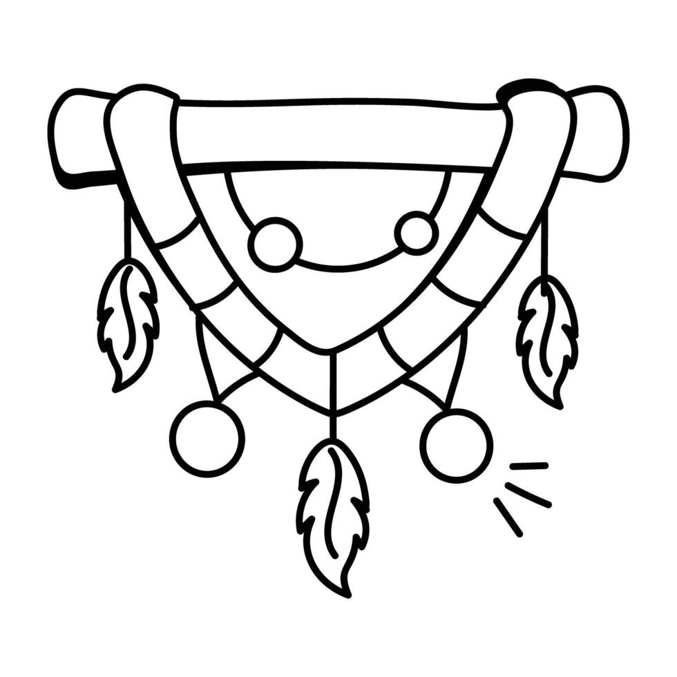A sketchy style icon of macrame decor wall hanging with feathers and beads vector