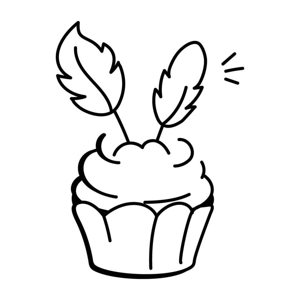 A hand drawn icon of a boho themed cupcake decorated with feathers vector