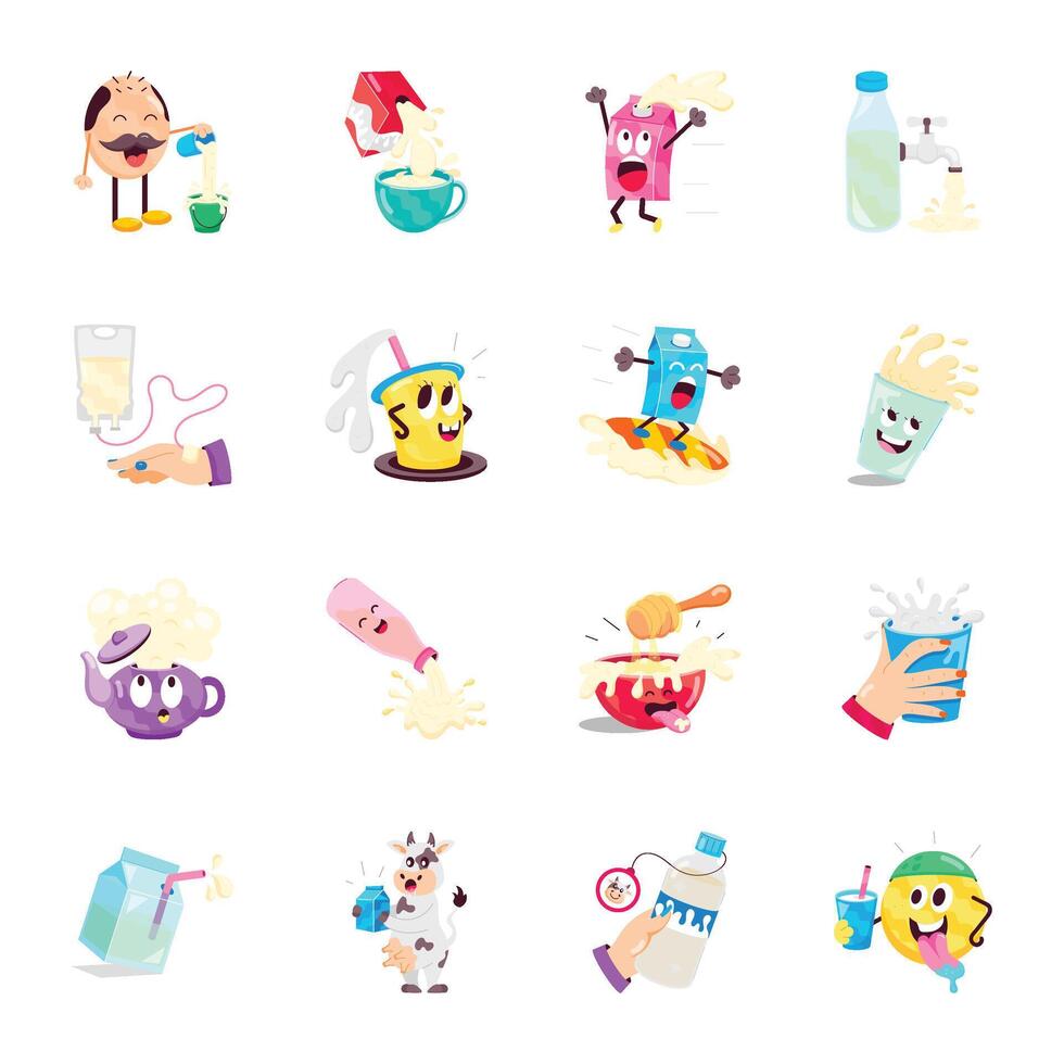Handy Bundle of Dairy Drinks Flat Stickers vector