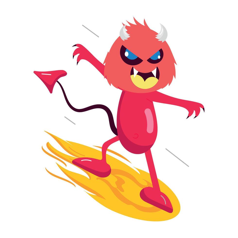 Evil character surfing on fire, a cartoon style sticker vector
