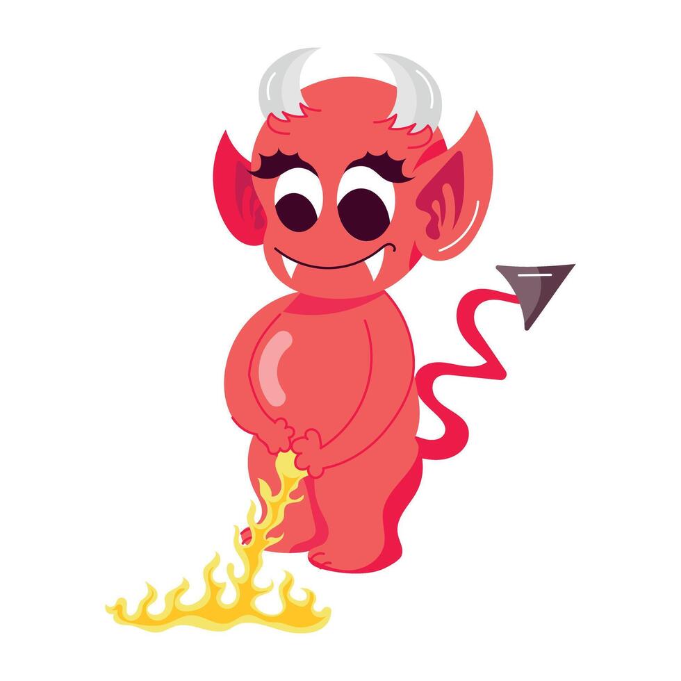 A cute devil peeing fire, a cartoon style sticker vector