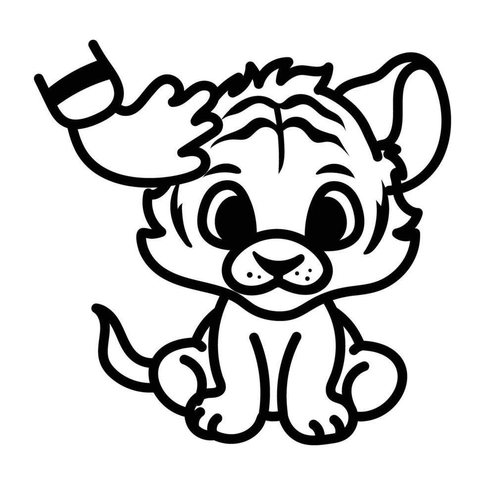 Petting a cute cub of lion, doodle icon vector