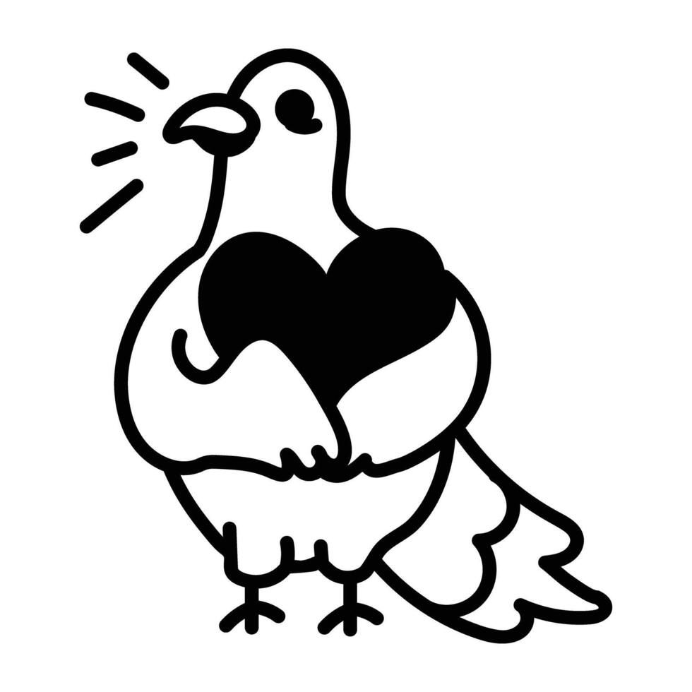 A cute pigeon hugging a heart, doodle style icon vector