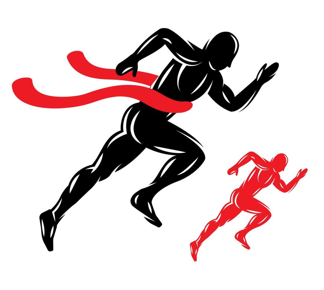 concept running male athlete at the finish with finishing tape vector