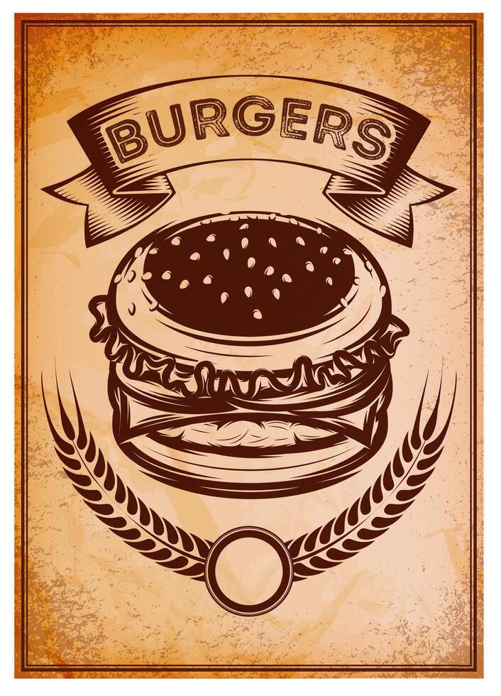 grunge retro poster with burger for fast food vector