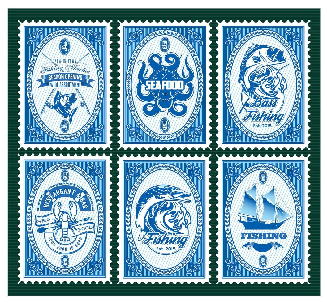 set template of stamps with elements fishing, seafood vector