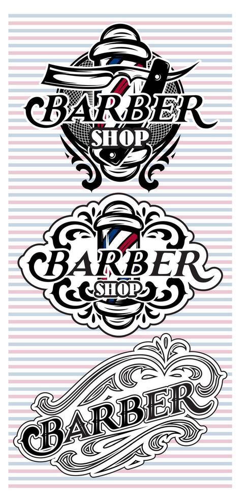 Set retro badges with ornament and various attributes for Barbershop vector