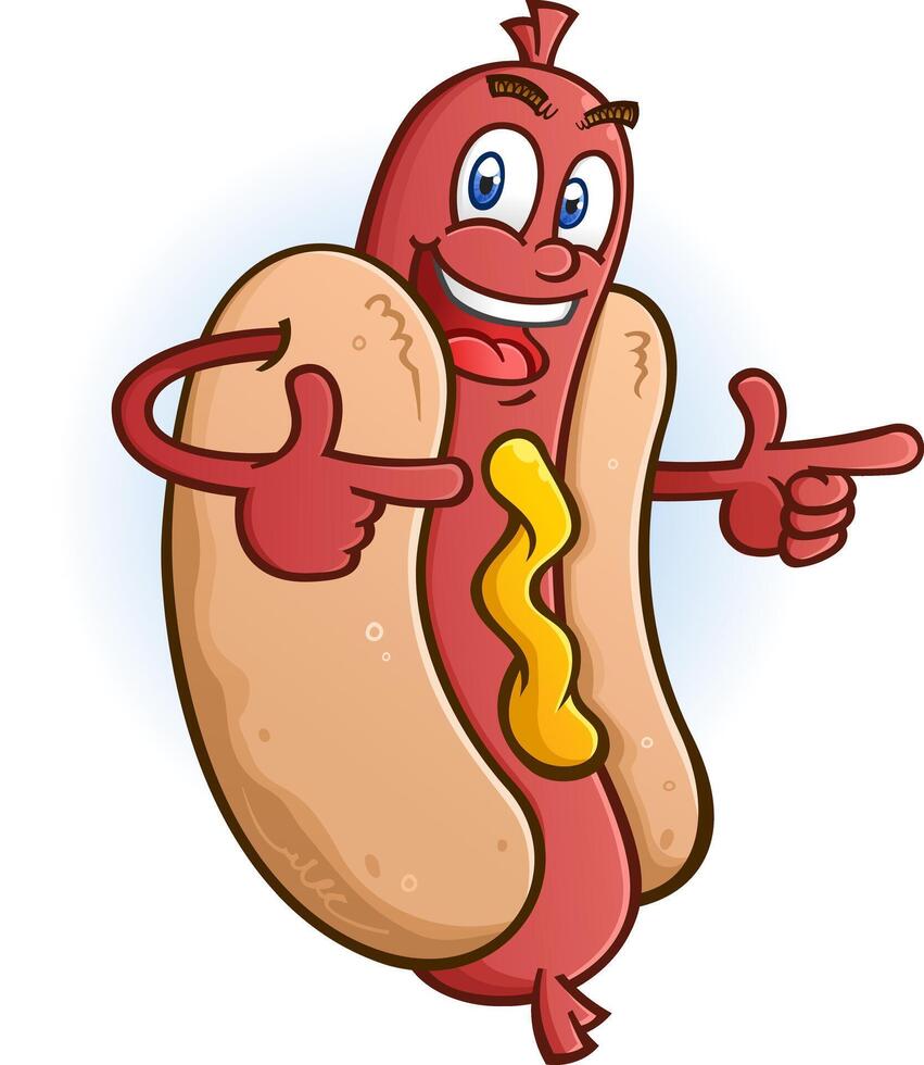 A smiling hot dog cartoon character mascot in a bun pointing both of his fingers to the right vector