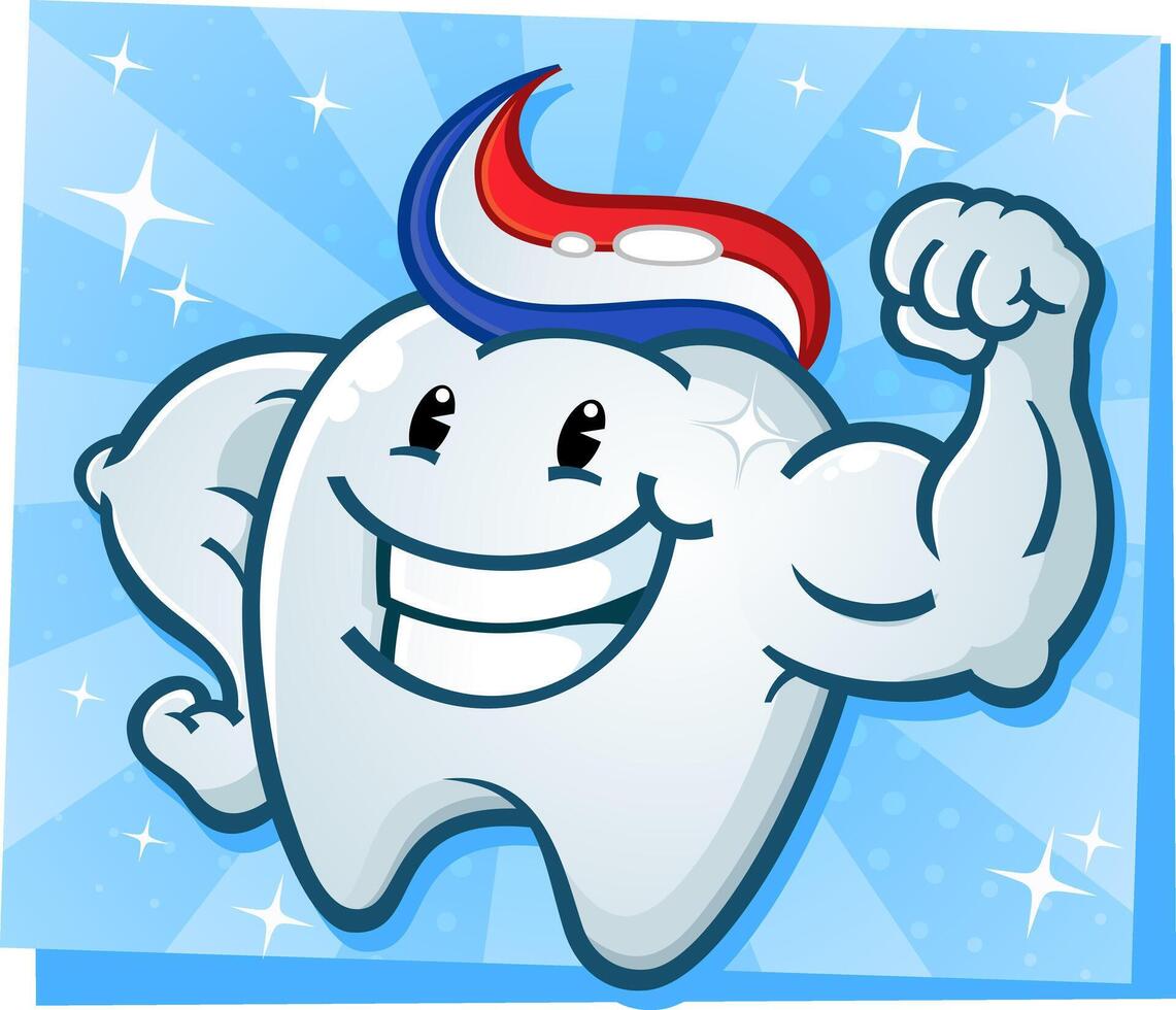 A powerful strong molar cartoon character flexing his bulging muscles and showing off his tooth paste hairdo vector