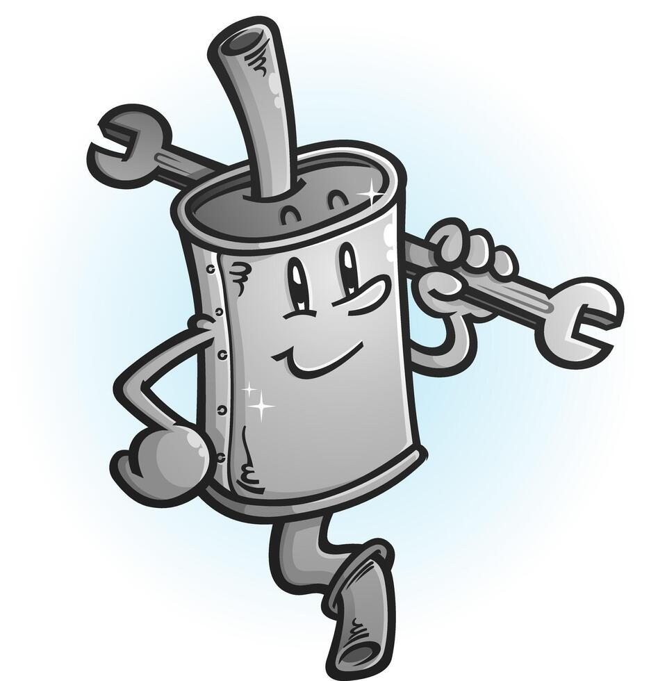 A shiny new muffler cartoon character mechanic holding a large wrench vector