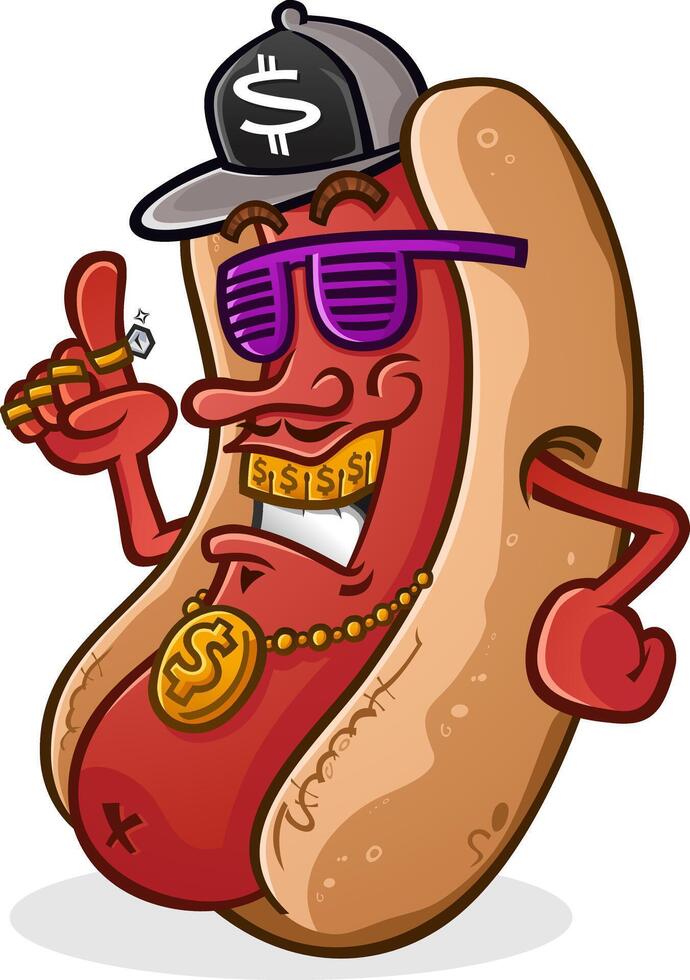 A cool urban hip hop rapper hot dog cartoon with a grill, flat brimmed cap and stunner shades with a gold medallion vector