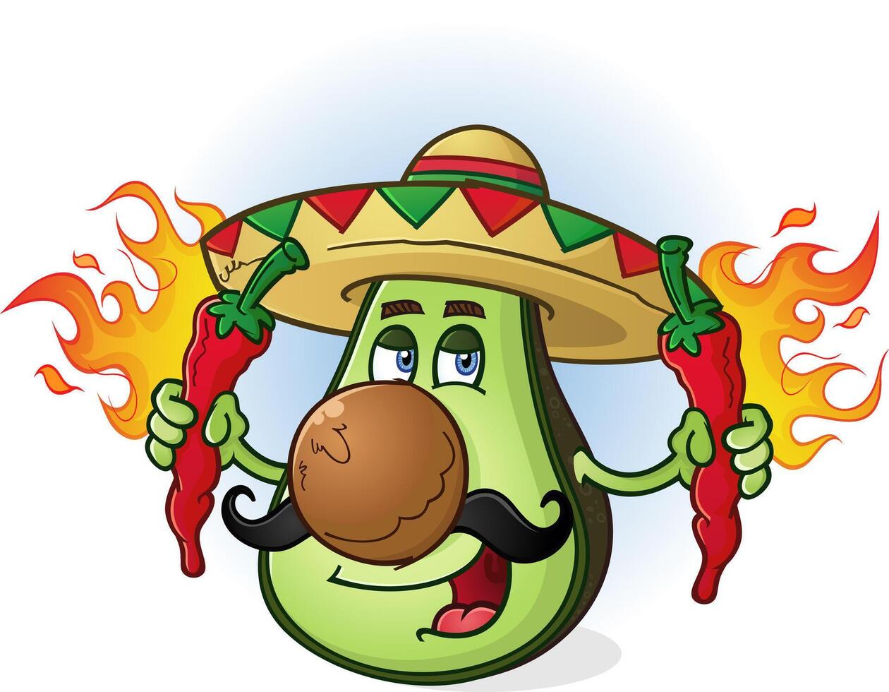 A Mexican avocado cartoon character wearing a sombrero and holding two flaming hot chili peppers on fire vector
