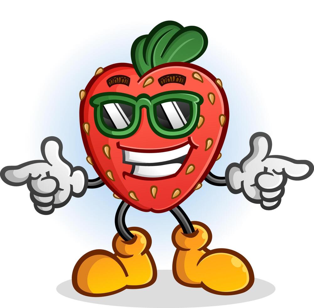 A cool strawberry dude wearing sunglasses and pointing confidently vector